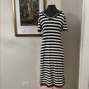 Elegant Striped Midi Dress with Red Accent